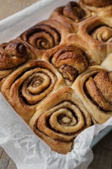 High angle cinnamon rolls tray