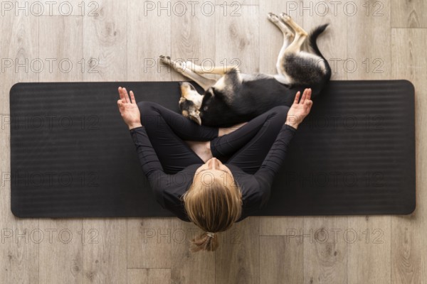 Top view woman meditating with dog