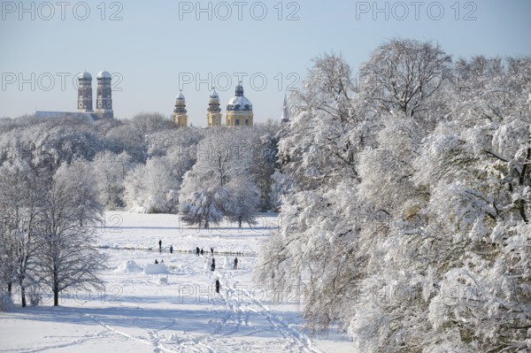 English Garden with Church of Our Lady and Theatine Church in winter, snow, reworked, Munich, Bavaria, Germany, Europe
