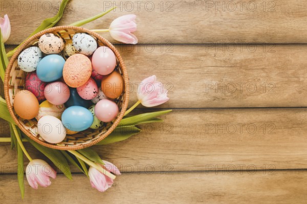Tulips around bowl with eggs. Beautiful photo