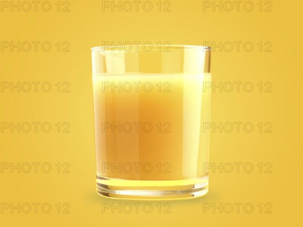 Glass of tasty organic orange juice on a yellow background, healthy food concept