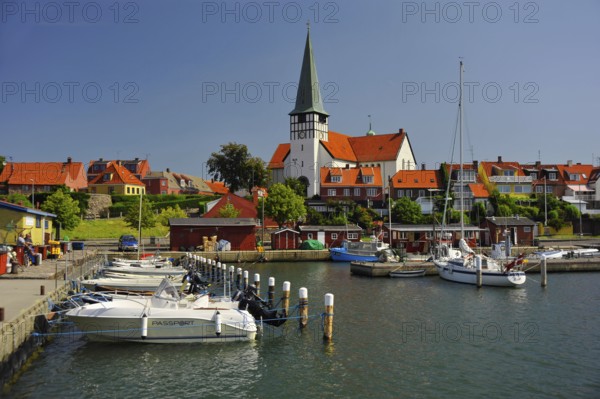 Boats in the harbour, St. Nicolai Church, Ronne, Bornholm, Denmark, Europe