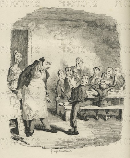 Oliver asking for more. 19th century illustration from Charles Dickens Oliver Twist. Illustration by George Cruishank (1792-1878)