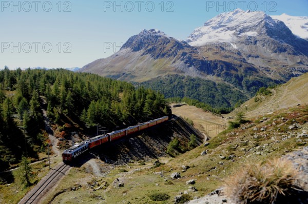 Switzerland, The Bernina Express near Alp Grüm in the Upper Engadine, Europe