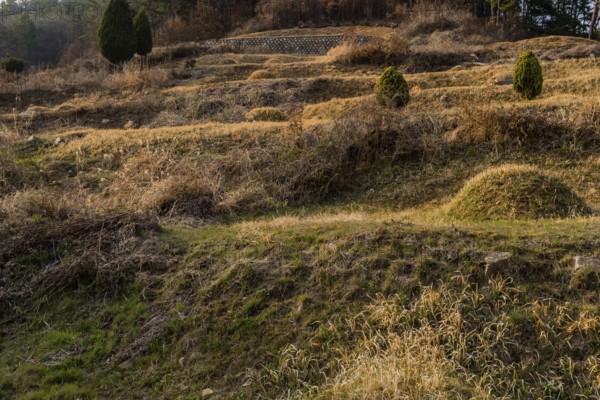 Several unmarked burial mounds on side of mountain as sunsets in early evening, South Korea, South Korea, Asia