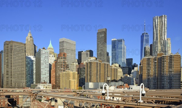View from Brooklyn Bridge to skyline of Lower Manhattan, One World Trade Centre, Park Place Tower, Manhattan, Brooklyn, New York City, New York, USA, North America