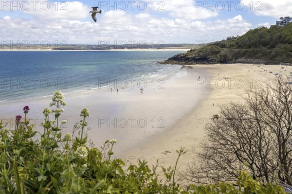 ST IVES, CORNWALL, UK - MAY 13 : View of Porthminster beach in St Ives, Cornwall on May 13, 2021. Unidentified people