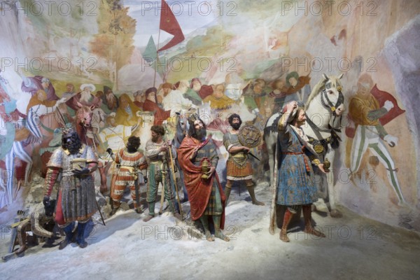 Arrival of the Magi. Representation in figures and frescoes by the famous Renaissance artist Gaudenzio Ferrari, Valduggia 1475 80, Milan 1546, c. 1520. Chapel on the Sacro Monte di Varallo created for the Counter-Reformation. UNESCO World Heritage Arrival of the Magi. Representation in figures of terracotta with real hair and frescoes by the famous Renaissance artist Gaudenzio Ferrari, Milan in 1546 to 1520 in the chapel created for the Counter-Reformation Sacro Monte di Varallo