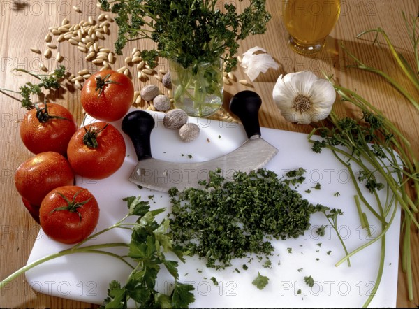 Chopping board, chopping knife Oregano, basil (Ocimum basilicum), tomatoes, onions, pepper seeds, nutmeg Basil