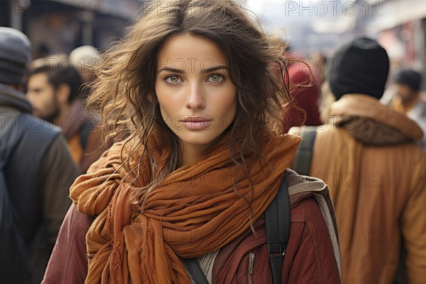 Portrait, Young woman with brown hair at a bazaar, brown scarf, green shining eyes, AI generated