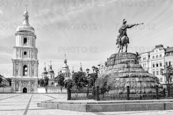 Black and white photo of Saint Sophia Church and Bohdan Khmelnytsky statue in Kiev, Ukraine, Europe