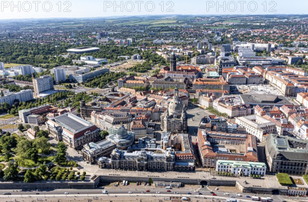 Drone shot, photo from above, aerial view, historical old town with sights, Neustädter Mart, Church of Our Lady, pier, ships, Dresden, Saxony, Germany, Europe