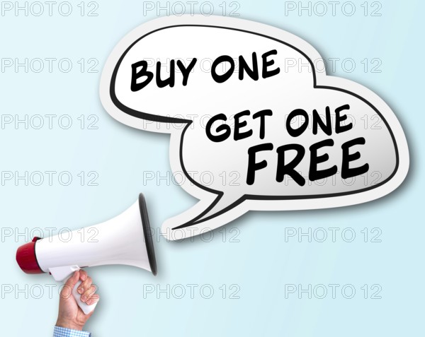shouting BUY ONE GET ONE FREE using bullhorn, BOGO discount concept