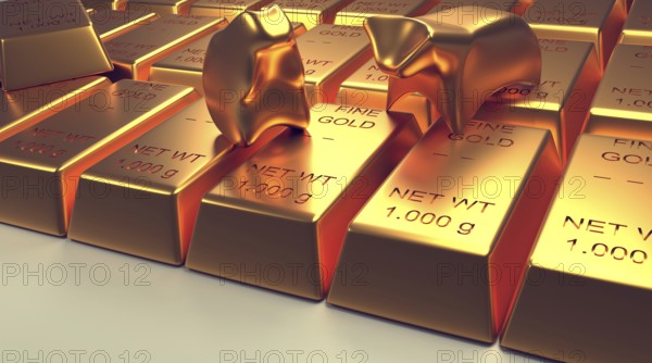 Stacked fine gold bars with abstract bear and bull on a bright background, 3d rendering, financial concept