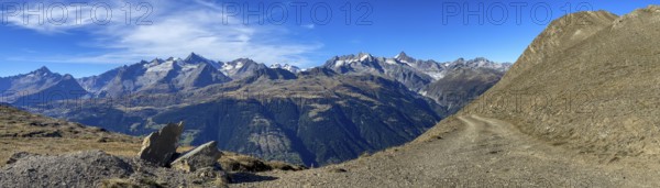 View from the Breithorn over the Upper Valais to the Aletsch area with Eggishorn, Strahlhorn, Fieschergletscher and Finsteraarhorn and Wasenhorn, Grengiols, Valais, Switzerland, Europe
