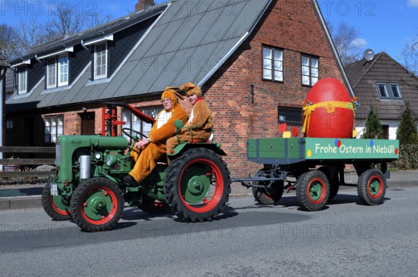 Easter bunnies, tractor, Niebüll, Schleswig-Holstein, Germany, Europe