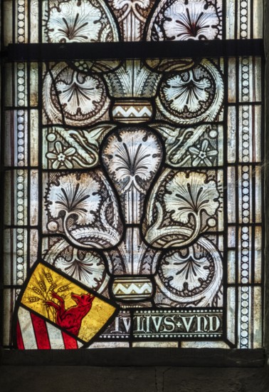 Altenberg Cathedral (also Bergischer Dom), grisaille window in the choir apse, detail, former monastery church of Altenberg Abbey, built by the Cistercians since 1133, since 1857 simultaneous church for the Protestant and Catholic churches, Odenthal, North Rhine-Westphalia, Germany, Europe