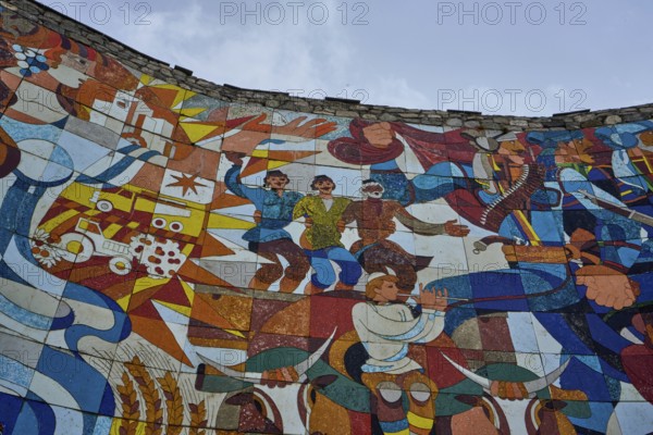 Mosaic of tiles with motifs from Georgian and Russian history, Monument of Georgian-Russian Friendship to the Treaty of Georgiyevsk, Georgian Army Road, between Gudauri and the Cross Pass, Mtskheta-Mtianeti, Greater Caucasus, Georgia, Asia