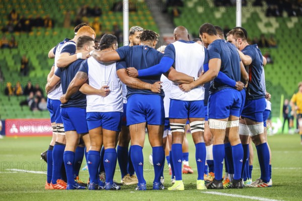 MELBOURNE, AUSTRALIA, JULY 13 2021: The French squad have a team talk before the international Test match between the Australian Wallabies and France at AAMI Park on July 13, 2021 in Melbourne, Australia, Oceania