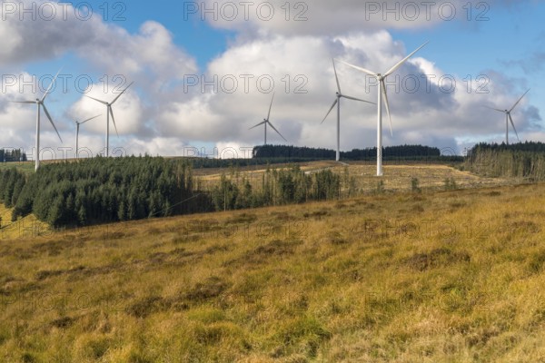 Wind turbines on a field near Blaenrhondda in Rhondda Cynon Taf, Mid Glamorgan, Wales, UK