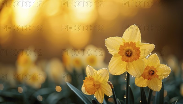 Golden hour light shines through fresh daffodils, duke of rothesay narcissus with water droplets, AI generated