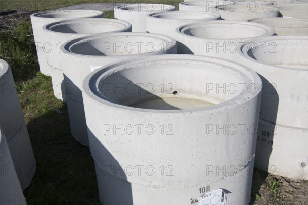 Species protection, concrete rings for the construction of spawning waters for amphibians along the roadside, Stolberg, North Rhine-Westphalia, Germany, Europe