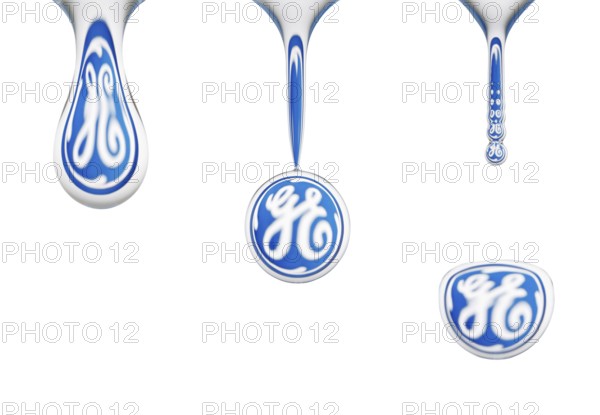 Closeup, macro sequence, water drop, dripping off of a sponge, logo of General Electrics reflected in the drop