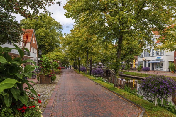 A paved path next to a canal, flanked by lush plants and residential buildings, Papenburg, Emsland, Lower Saxony