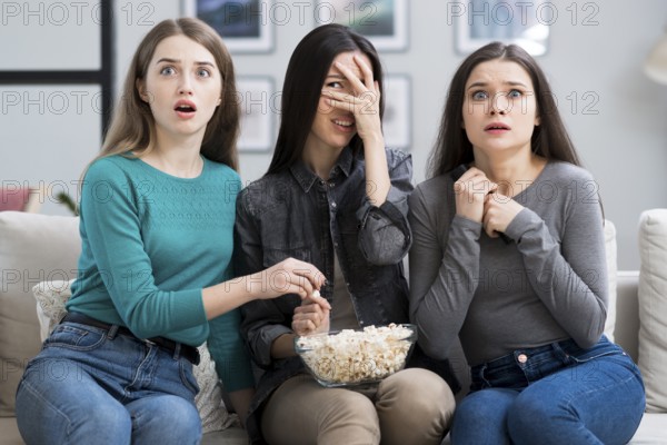 Group adult women watching horror movie