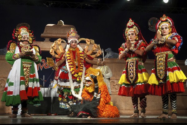 Yakshagana, Mahishamardini epic, traditional folk dance by Sri Chandrasekara Navada troupe near Mangalore in Coastal Karnataka, India, Asia