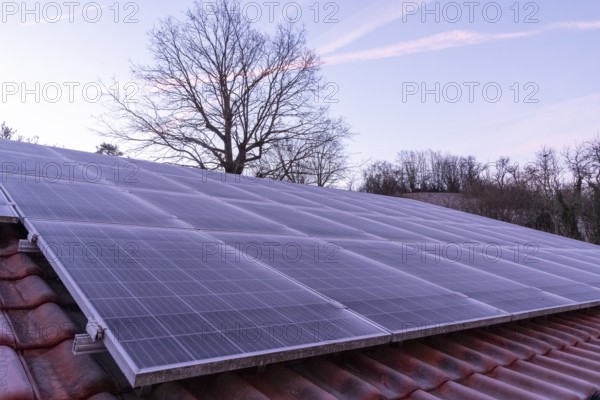 Frost-covered solar modules on a house roof on a winter's day, Upper Franconia, Bavaria, Germany, Europe