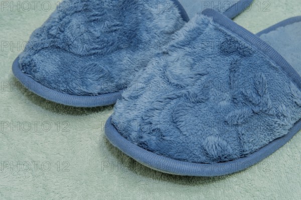 Closeup of dark blue slippers on light colored fabric background, South Korea, South Korea, Asia