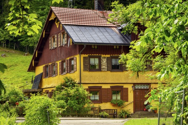 House with wooden or wooden shingle façade, Kreuzthal, Markt Buchenberg, Allgäu, Swabia, Bavaria, Germany, Europe