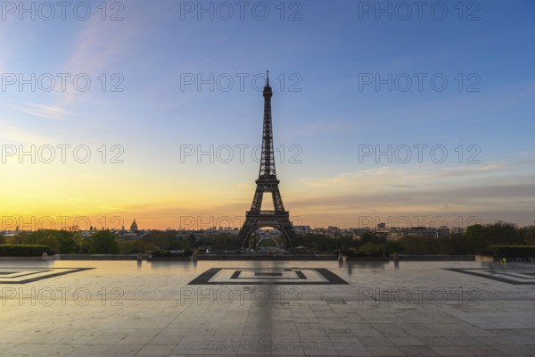 Paris France city skyline sunrise at Eiffel Tower and Trocadero Gardens