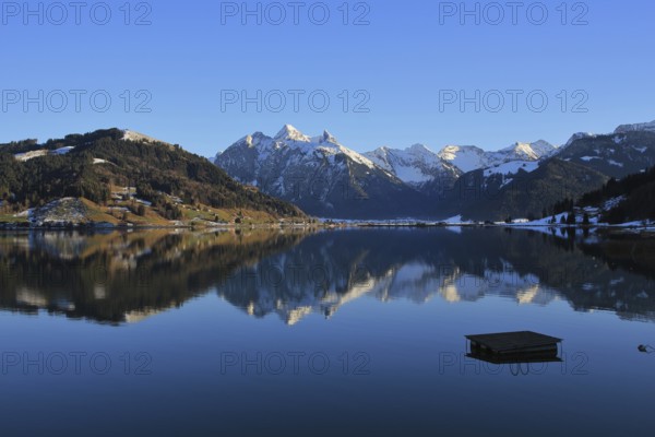 High mountains mirroring in lake Sihlsee