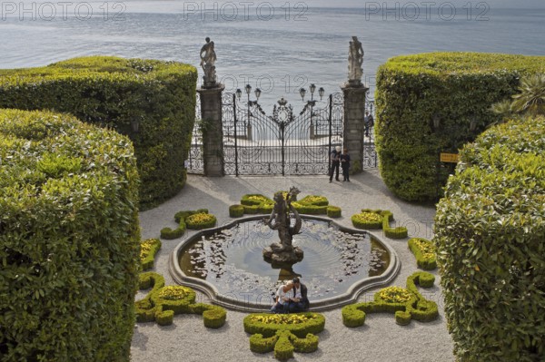 Fountain, botanical garden, Villa Carlotta, view of Lake Como, Tremezzo, Como Province, Lombardy, Lago di Como, Italy, Europe