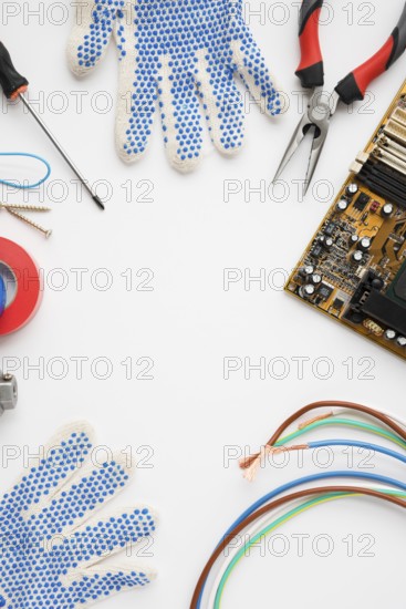 Circuit board glove electric equipment isolated white background