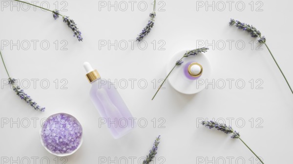 top view lavender skincare products. High resolution photo