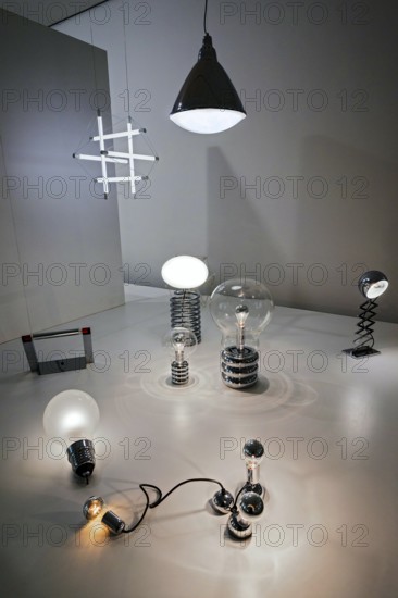 Lamp design by lighting designer Ingo Maurer, Pinakothek der Moderne, Munich, Upper Bavaria, Bavaria, Germany, Europe