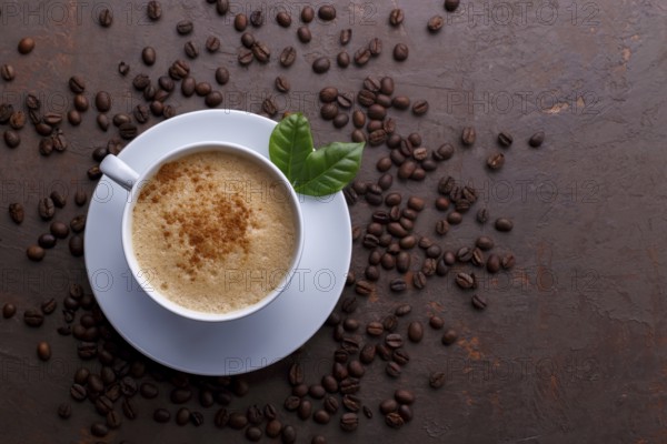Cup of coffee cappuccino and coffee beans on the brown stone background