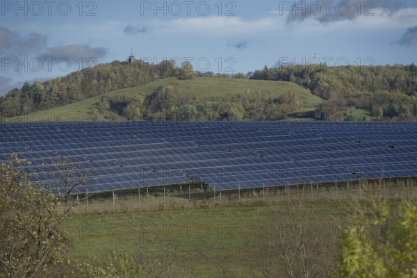View of Hall's local mountain, Einkorn, photovoltaics, solar energy, solar energy, renewable energies, energy transition, climate change, Michelbach, Limpurger Land, Limpurger Berge, Schwäbisch Hall, Hohenlohe, Heilbronn-Franken, Baden-Württemberg, Germany, Europe