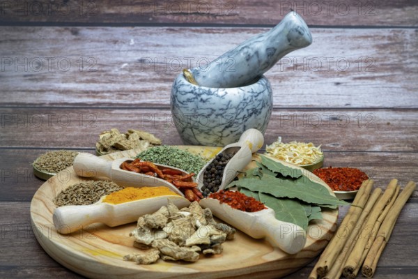 Different types of spices in wooden spoons on a wooden disk ginger, cayenne, pepper, cinnamon, parsley, bay leaf, aniseed