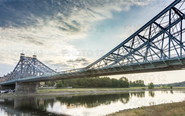 Historic bridge called Blue Wonder accross the river Elbe in Dresden Germany