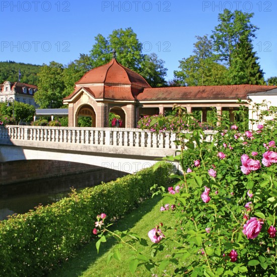 Spa park, river Sinn, pavilion, covered walkways, spa town, Bad Brückenau, Bavaria, Germany, Europe