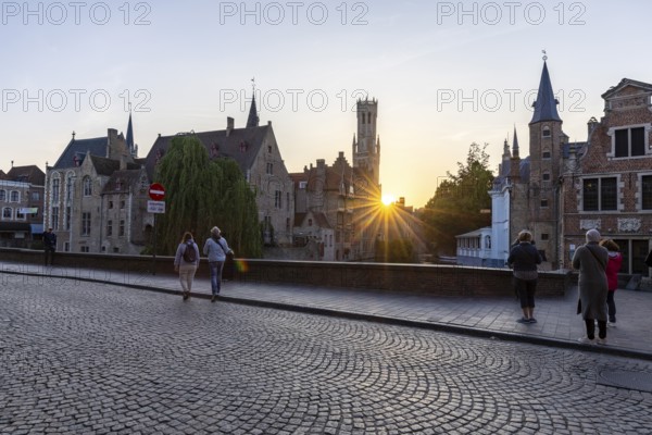 Sunset at the Dijver, behind Belfort Bell Tower, Rozenhoedkaai, Brugge, Belgium, Europe