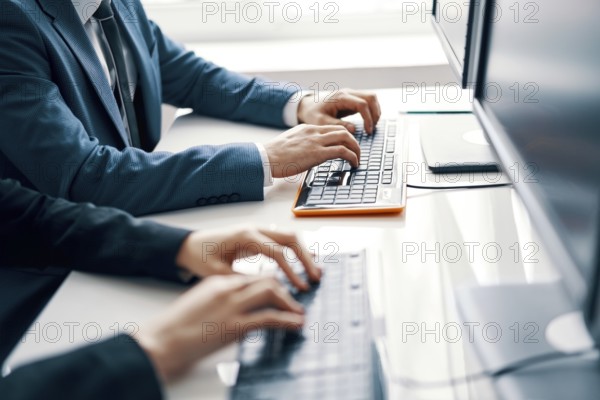 Business people working on laptop. People hands typing on laptop keyboard