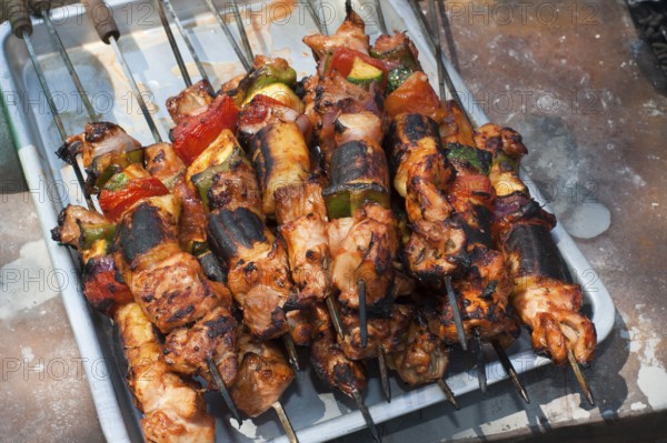 Meat skewers, grilled, tent camp, Serengeti National Park, Tanzania, Africa