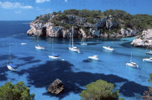 Sailboats in the bay, Cala Macarella, Menorca, Balearic Islands, Spain, Europe