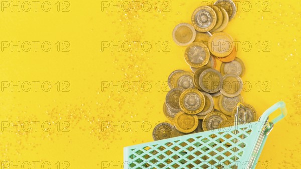 Coins scattered from grocery cart
