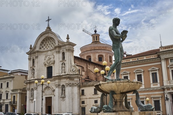 Fountain Fontana Vecchia, behind the church Santa Maria del Suffragio, Anime Sante, Piazza del Duomo, L'Aquila, Abruzzo, Italy, Europe